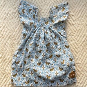Smiling Button Girls Size 2 Blue Folk Bird Print Flutter Sleeve Cotton Dress